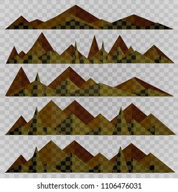 Mountains low poly style set. Polygonal mountain ridges.
