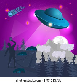 in the mountains, a man at night, shooting on a mobile phone, UFO, flying saucer, design concept, flat vector illustration