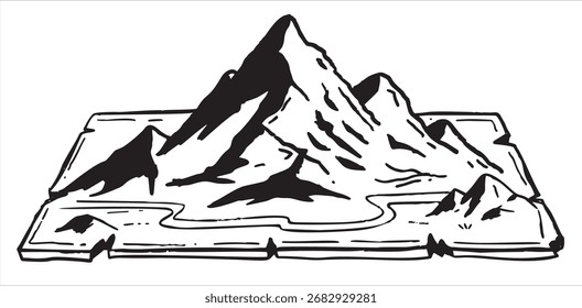 Mountains, map, bold black and white ink sketch of a mountain range integrated into a map. Great for travel or expedition artwork.