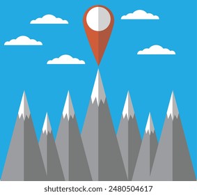 Mountains with Map Marker Flat Design. Climbing and achieving success in business concept vector
