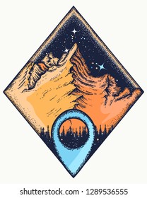 Mountains and map pointer t-shirt design. Symbol of climbing, camping, great outdoors, tourism, adventure and meditation 