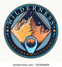 Mountains and map pointer. Wilderness, the great outdoors slogan. Symbol of tourism, adventure and travel 