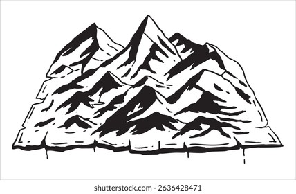 Mountains, map, stylized ink mountain range emerging from a map. Perfect for travel themes, adventure designs, or hiking graphics.