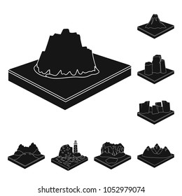 Mountains, massive black icons in set collection for design. The surface of the earth vector isometric symbol stock web illustration.