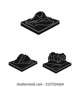 Mountains, massive black icons in set collection for design. The surface of the earth vector isometric symbol stock web illustration.
