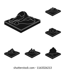Mountains, massive black icons in set collection for design. The surface of the earth vector isometric symbol stock web illustration.