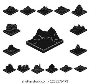 Mountains, massive black icons in set collection for design. The surface of the earth vector isometric symbol stock web illustration.
