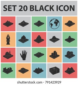 Mountains, massive black icons in set collection for design. The surface of the earth vector isometric symbol stock web illustration.