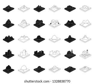 Mountains, massive black,outline icons in set collection for design. The surface of the earth vector isometric symbol stock web illustration.