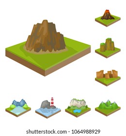 Mountains, massive cartoon icons in set collection for design. The surface of the earth vector isometric symbol stock web illustration.