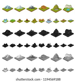 Mountains, massive cartoon icons in set collection for design. The surface of the earth vector isometric symbol stock web illustration.