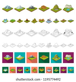 Mountains, massive cartoon icons in set collection for design. The surface of the earth vector isometric symbol stock web illustration.