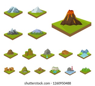 Mountains, massive cartoon icons in set collection for design. The surface of the earth vector isometric symbol stock web illustration.