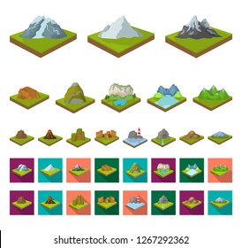 Mountains, massive cartoon,flat icons in set collection for design. The surface of the earth vector isometric symbol stock web illustration.