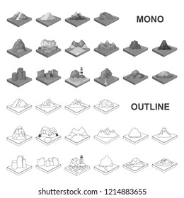 Mountains, massive monochrom icons in set collection for design. The surface of the earth vector isometric symbol stock web illustration.