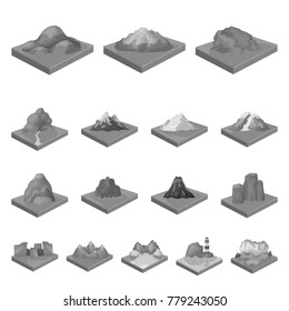 Mountains, massive monochrome icons in set collection for design. The surface of the earth vector isometric symbol stock web illustration.