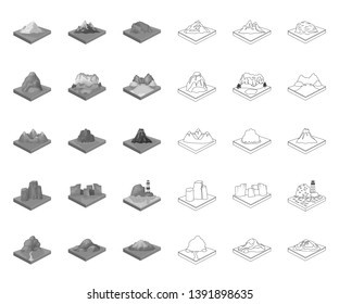 Mountains, massive mono,outline icons in set collection for design. The surface of the earth vector isometric symbol stock web illustration.