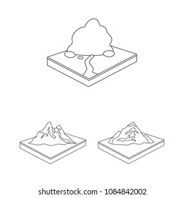 Mountains, massive outline icons in set collection for design. The surface of the earth vector isometric symbol stock web illustration.