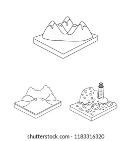 Mountains, massive outline icons in set collection for design. The surface of the earth vector isometric symbol stock web illustration.