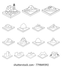 Mountains, massive outline icons in set collection for design. The surface of the earth vector isometric symbol stock web illustration.