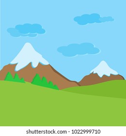 Mountains and meadow. Green landscape with meadow and mountains. Flat design, vector.