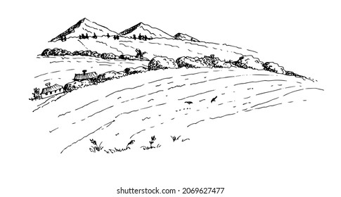 Mountains, meadows, fields. Vector illustration.