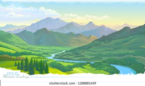 The mountains, the meadows, the green landscape and the river. Vector Image.