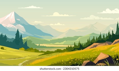 Mountains and meadows landscape. Vector illustration in flat style.