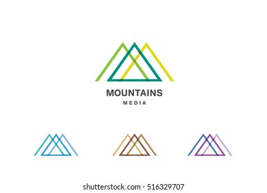 Mountains Media is a vector logo template set. Abstract sign for letter M and triangle shape logotype for business and creative company.