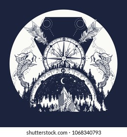 Mountains medieval rose compass, carps and crossed arrows tattoo and t-shirt design 