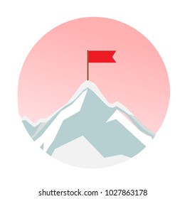 Mountains minimal single flat icon. Modern trend concept design. Winter vector illustration. Achievement symbol. Red banner.

