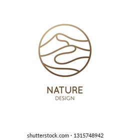 Mountains minimalistic logo. Round linear icon of landscape. Vector abstract emblem, simple badge for a travel, alternative medicine and ecology concept, spa, health, yoga Center.