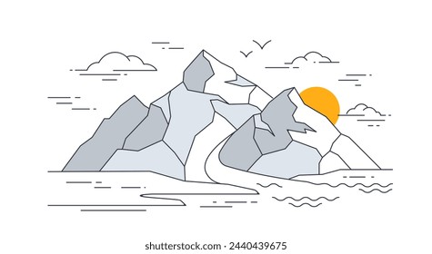 Mountains minimalistic poster. East asian creativity and art. Cliffs and rocks at sunset, sunrise. Natural panorama and landscape. Simple flat vector illustration isolated on white background