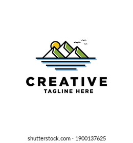 Mountains  Minimalistic thin lined logo or  design template with mountains landscape. Vector illustration