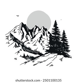 mountains monochromatic sundown illustration black and white