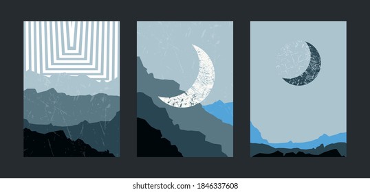 Montañas y fondo lunar. Afiche minimalista. Resumen de la ilustración de vector de paisaje. 