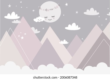 Mountains and the moon in dusty pastel colors. For children's room wallpaper, decor, web banners, posters, etc.  Vector illustration. Children's Wallpapers. - Shutterstock ID 2006087348