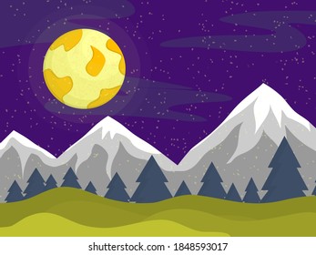 The mountains, the moon, the landscape is isolated. There are stars and fine dust in the sky. Grass and mountains. Vector illustration for outdoor recreation demonstration and camping illustration.
