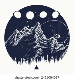 Mountains, moon phases and camping tent tattoo. Sacred geometry style. Esoteric symbol of adventure, dreams, tourism, meditation and great outdoors. T-shirt design concept