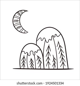 Montañas y la luna al estilo escandinavo. Esbozo vectorial en estilo doodle. Objeto aislado sobre un fondo blanco.