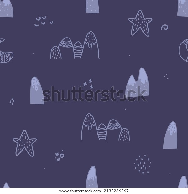 Mountains, moon,star\
in Scandinavian style, ssimple black and white texture. Cute\
Scandinavian design. geometric and doodle background for textile,\
wallpaper, surface\
design