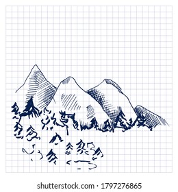 Die Berge. Gebirgslandschaftskizze. Einfarbige lineare Zeichnung. handgezeichnete Vektorgrafik