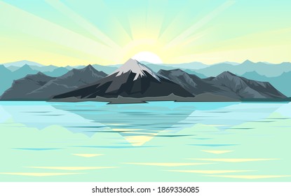 The mountains. Mountain range with cliffs, rocks and peaks. Horizon. Landscape with sky and clouds. Reflection in a lake, bay or sea. vector Illustration