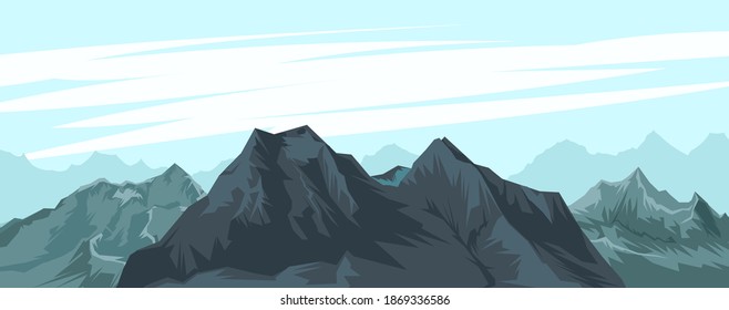The mountains. Mountain range with cliffs, rocks and peaks. Horizon. Landscape with sky and clouds. The isolated object on a white background. Vector Illustration
