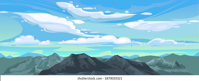 The mountains. Mountain range with cliffs, rocks and peaks. Horizon. Landscape with sky and clouds. The isolated object on a white background. Vector Illustration