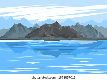 The mountains. Mountain range with cliffs, rocks and peaks. Horizon. Landscape with sky and clouds. Reflection in a lake, bay or sea. vector Illustration