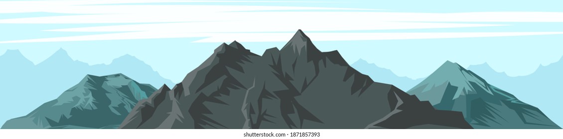 The mountains. Mountain range with cliffs, rocks and peaks. Horizon. Landscape with sky and clouds. The isolated object on a white background. Vector Illustration