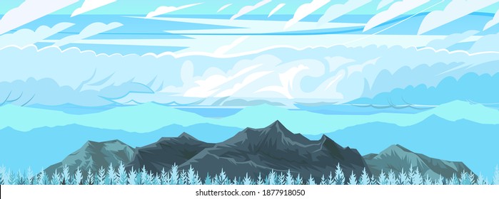 The mountains. Mountain range with cliffs, rocks and peaks. Horizon. Landscape with sky and clouds. The isolated object on a white background. Vector Illustration