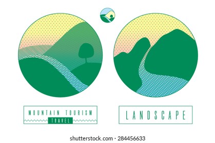 mountains and mountain river card / landscape summer spring illustration / tourism travel