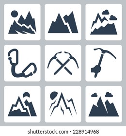 Mountains and mountaineering vector icons set